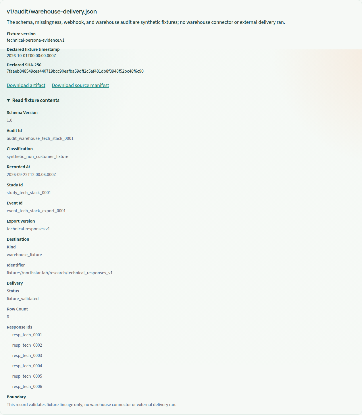 Research Data Stack Feedback: readable synthetic fixture v1/audit/warehouse-delivery.json. This is an artifact preview, not live product execution.