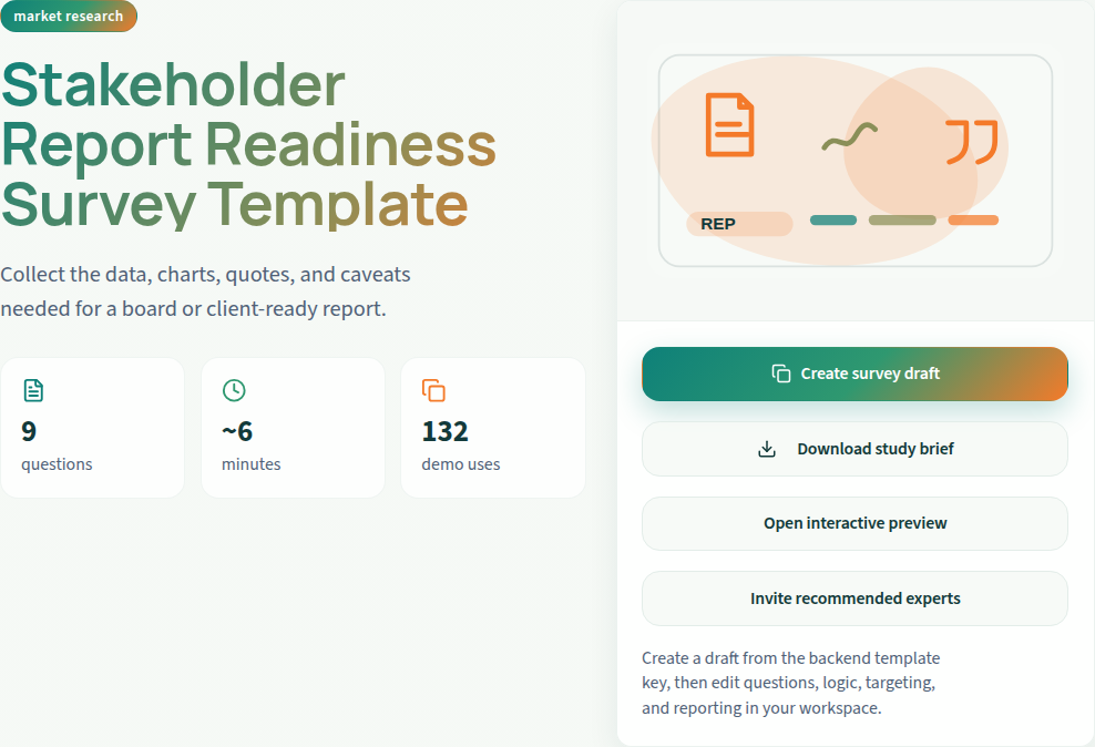 Stakeholder Report Readiness: public template setup preview. This is not an authenticated editor or respondent run.