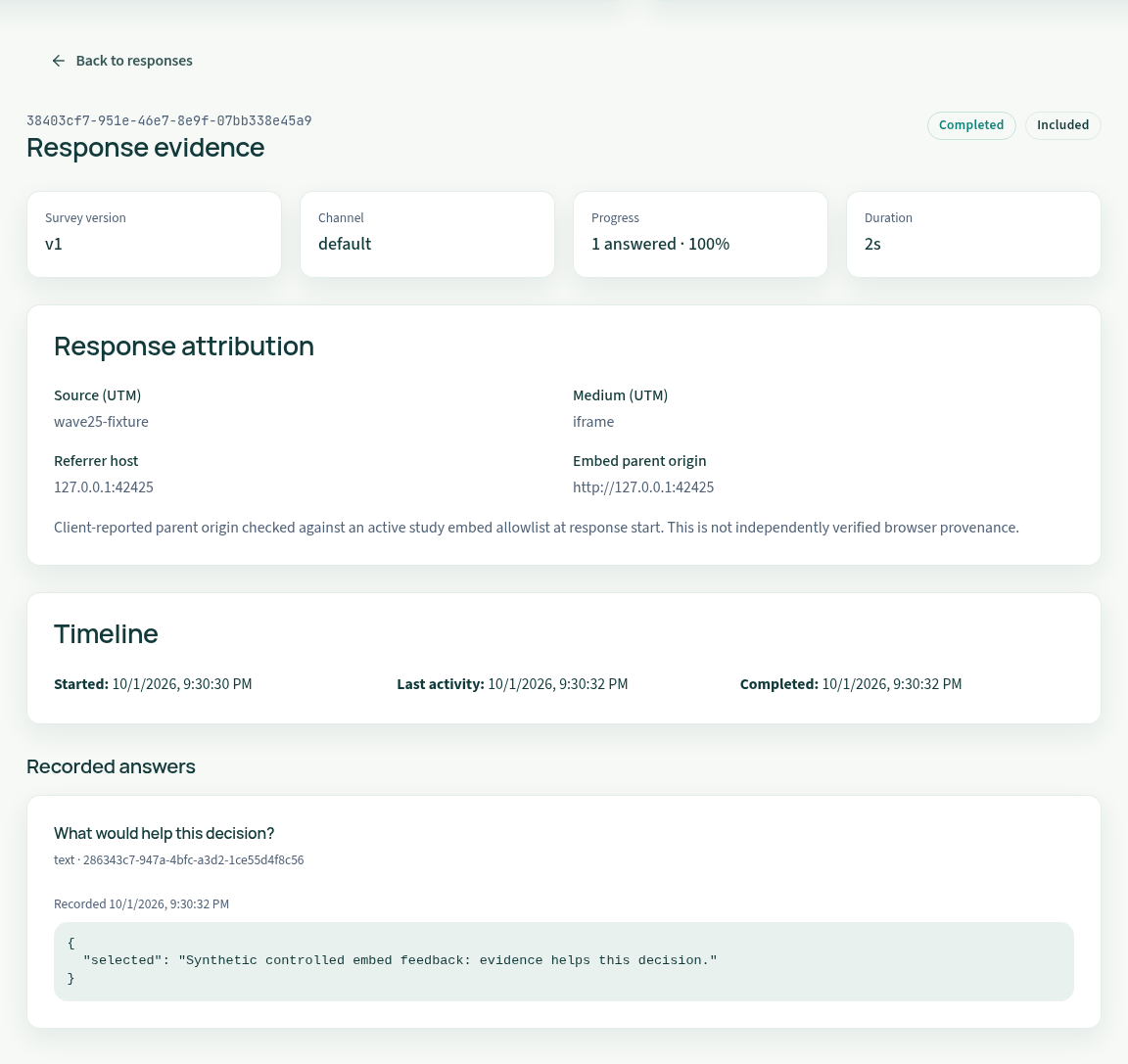 Actual authenticated local response detail showing completion, durable synthetic answer, stored UTM fields and the client-reported, allowlist-checked parent origin.