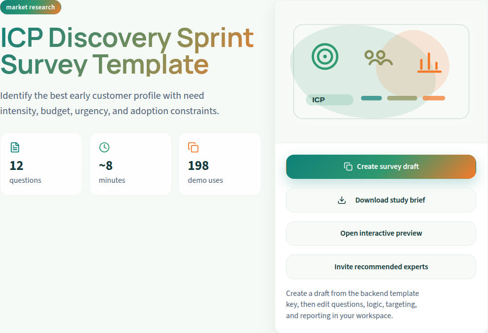 ICP discovery and claim readiness: public template setup preview. This is not an authenticated editor or respondent run.