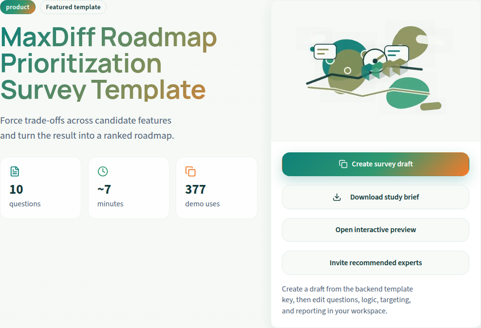 MaxDiff roadmap prioritization: public template setup preview. This is not an authenticated editor or respondent run.