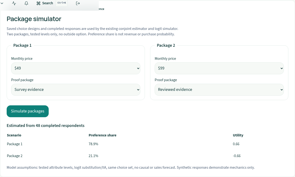 Actual authenticated local synthetic product package simulator; completed-response bases and review limits shown. Not customer evidence or deployed certification.