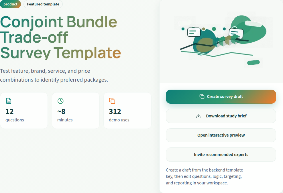 Package and price conjoint: public template setup preview. This is not an authenticated editor or respondent run.