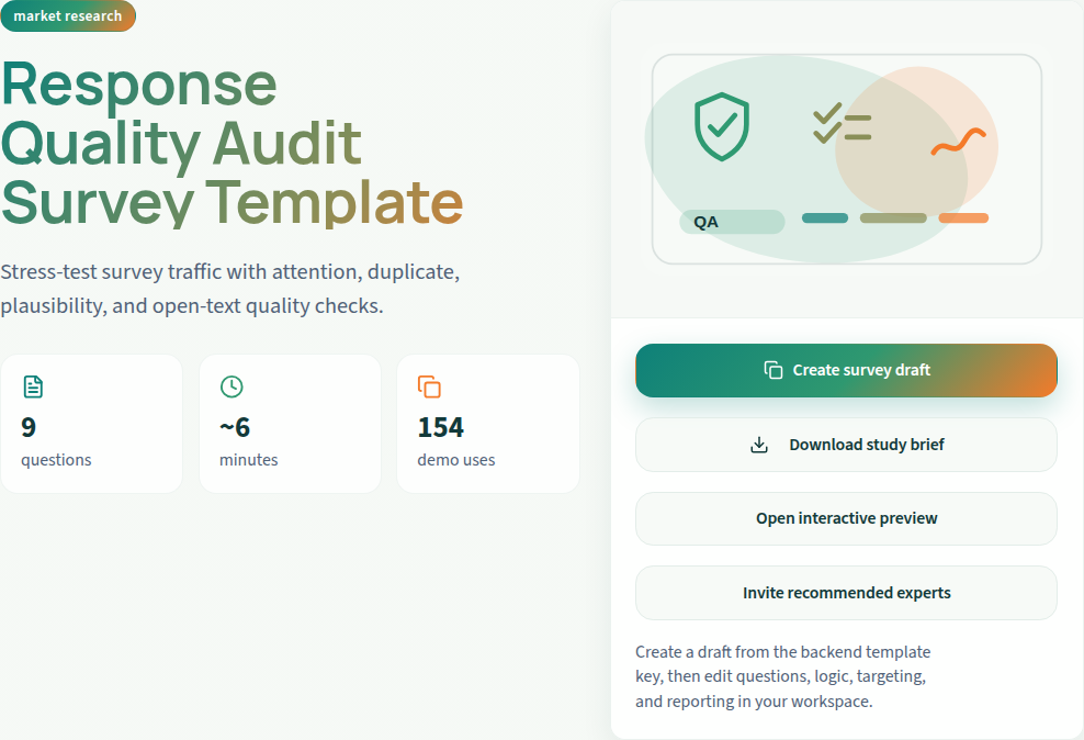 Response-quality review: public template setup preview. This is not an authenticated editor or respondent run.