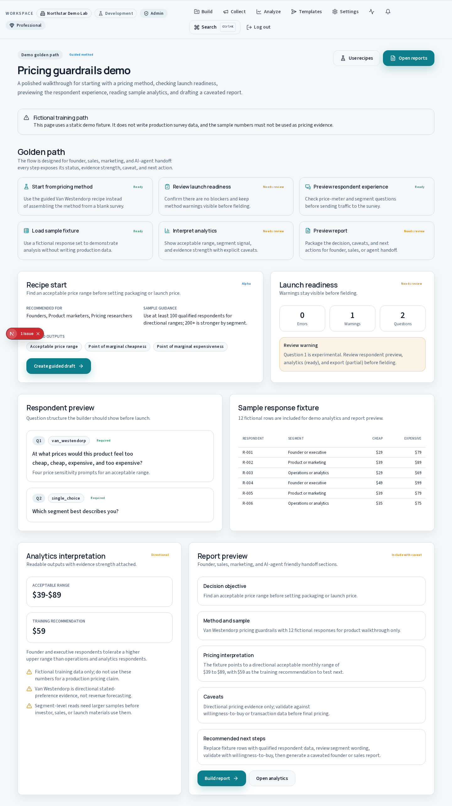 Desktop pricing range and caveat workflow.