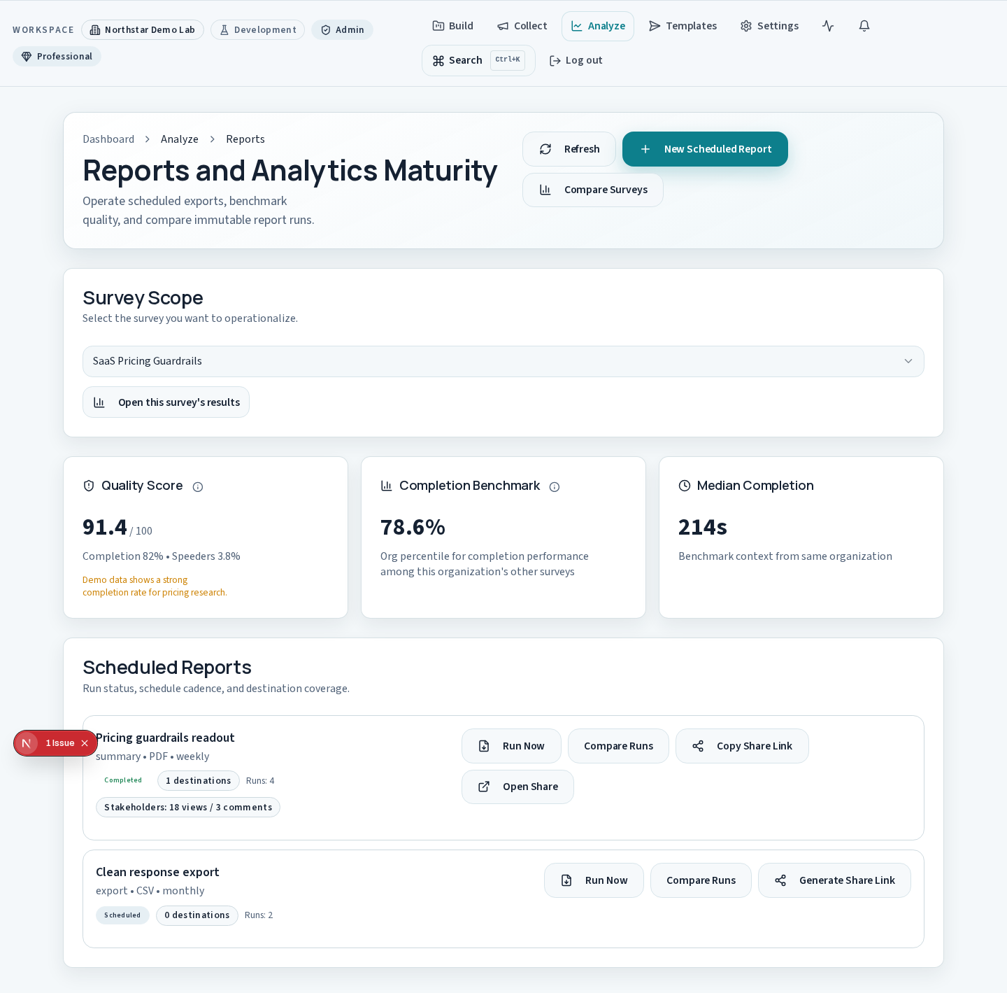 Reports and analytics handoff for the same seeded study.