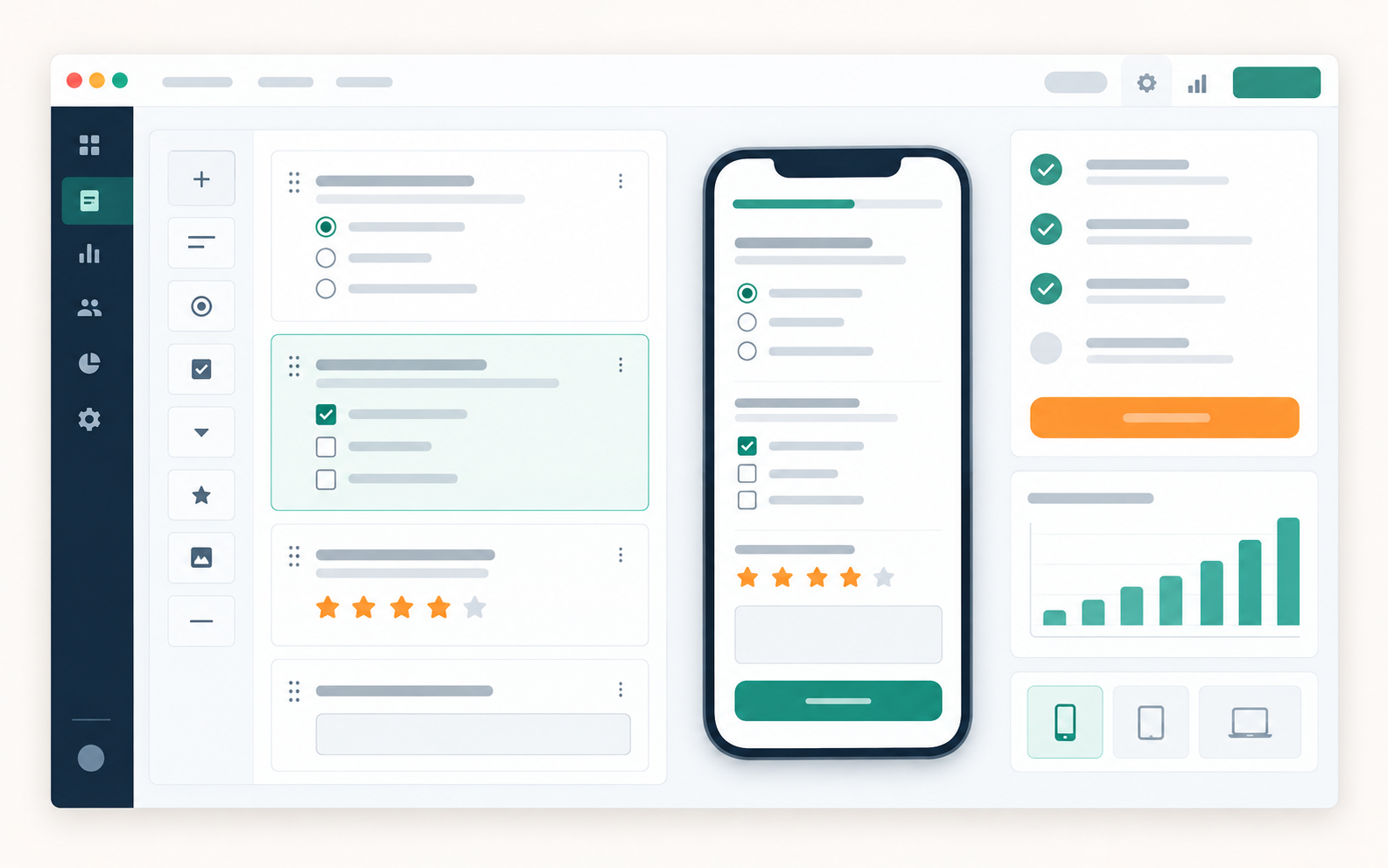 Illustrative Gotopico survey workspace with a survey builder, mobile respondent preview, and launch-readiness checklist.
